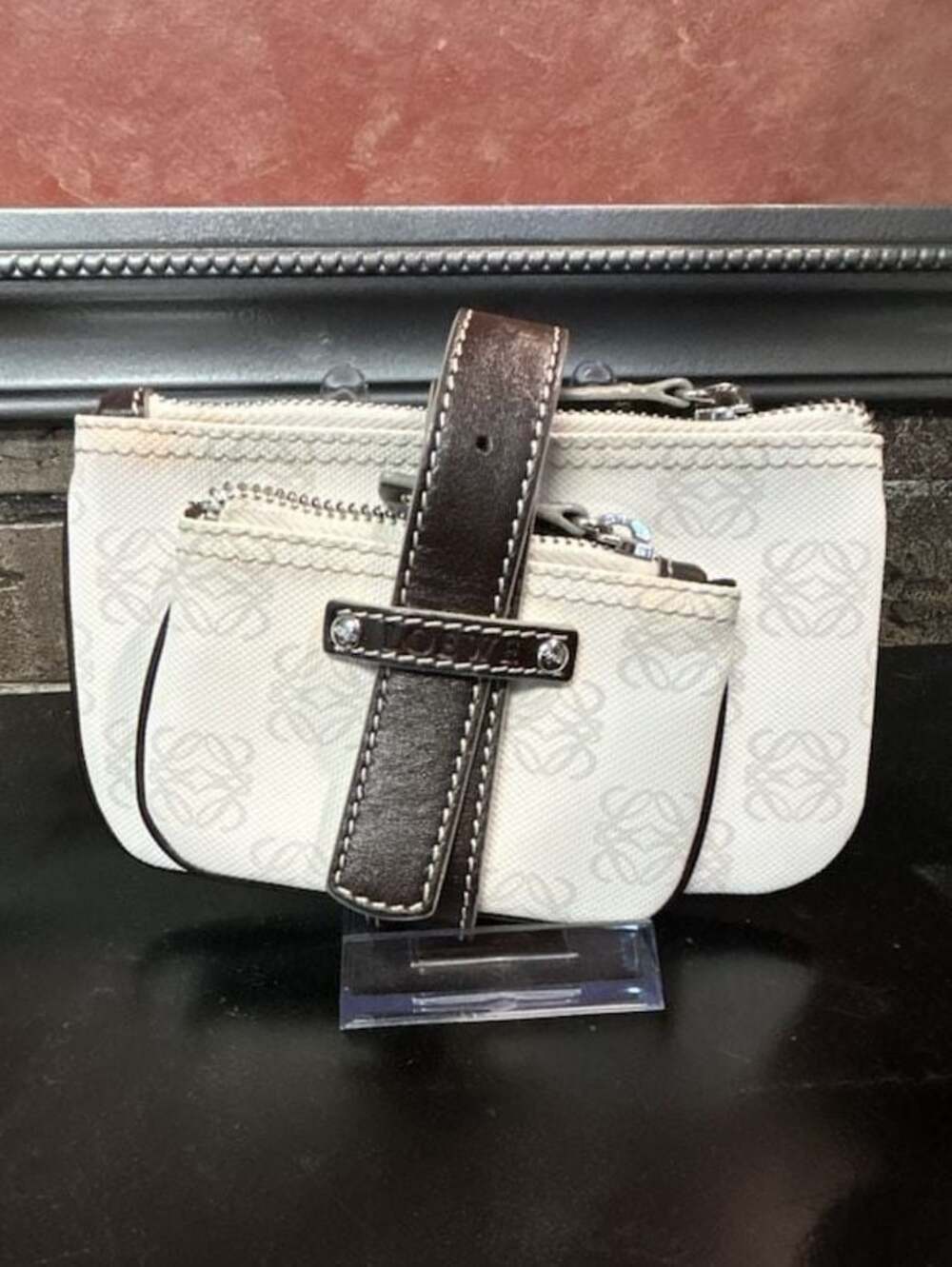 Loewe Vintage Anagram Double Pocket Canvas Wristlet with Leather Trim